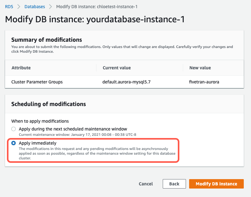 Aurora-RDS-MYSQL-ConfigureBinlog-120-ConfirmChanges