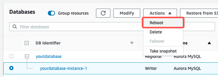 Aurora-RDS-MYSQL-ConfigureBinlog-130-InstanceActionsReboot