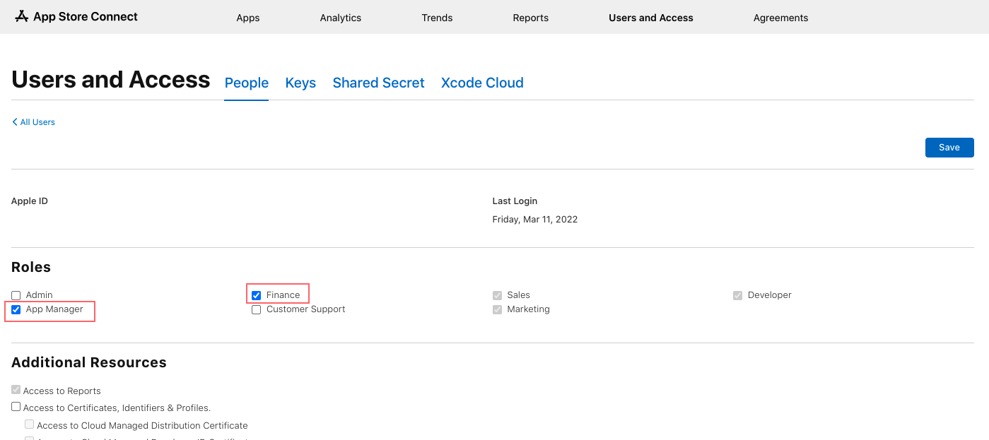 Users and Access - App Manager and Finance Roles