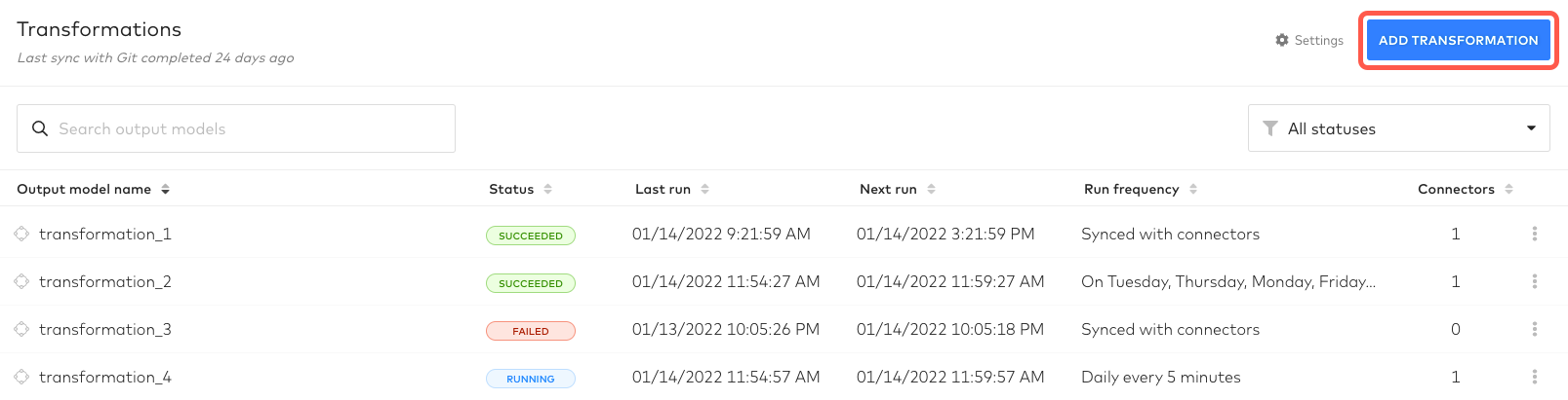 Add new transformation for dbt Core in Fivetran dashboard