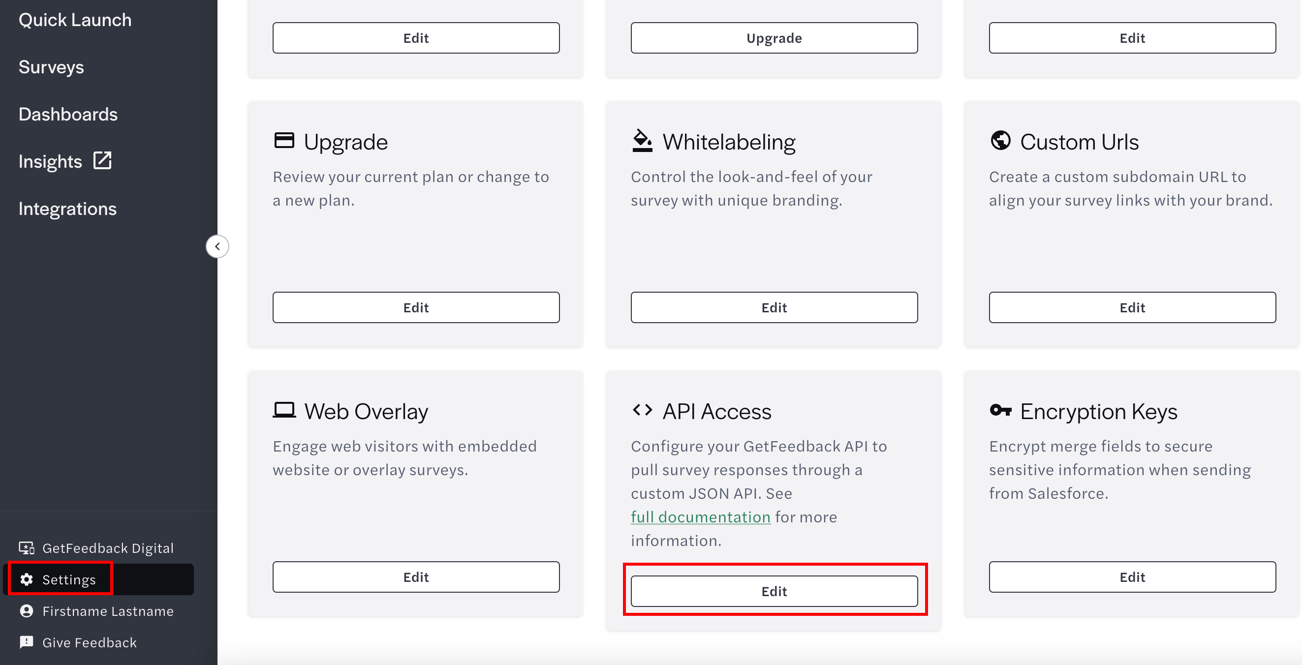 Click Settings then Edit under API Access