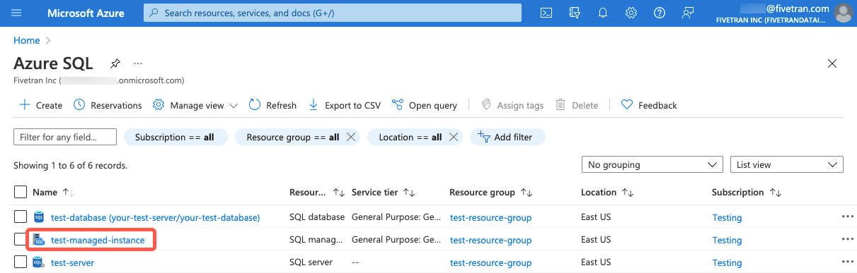 Click on managed instance