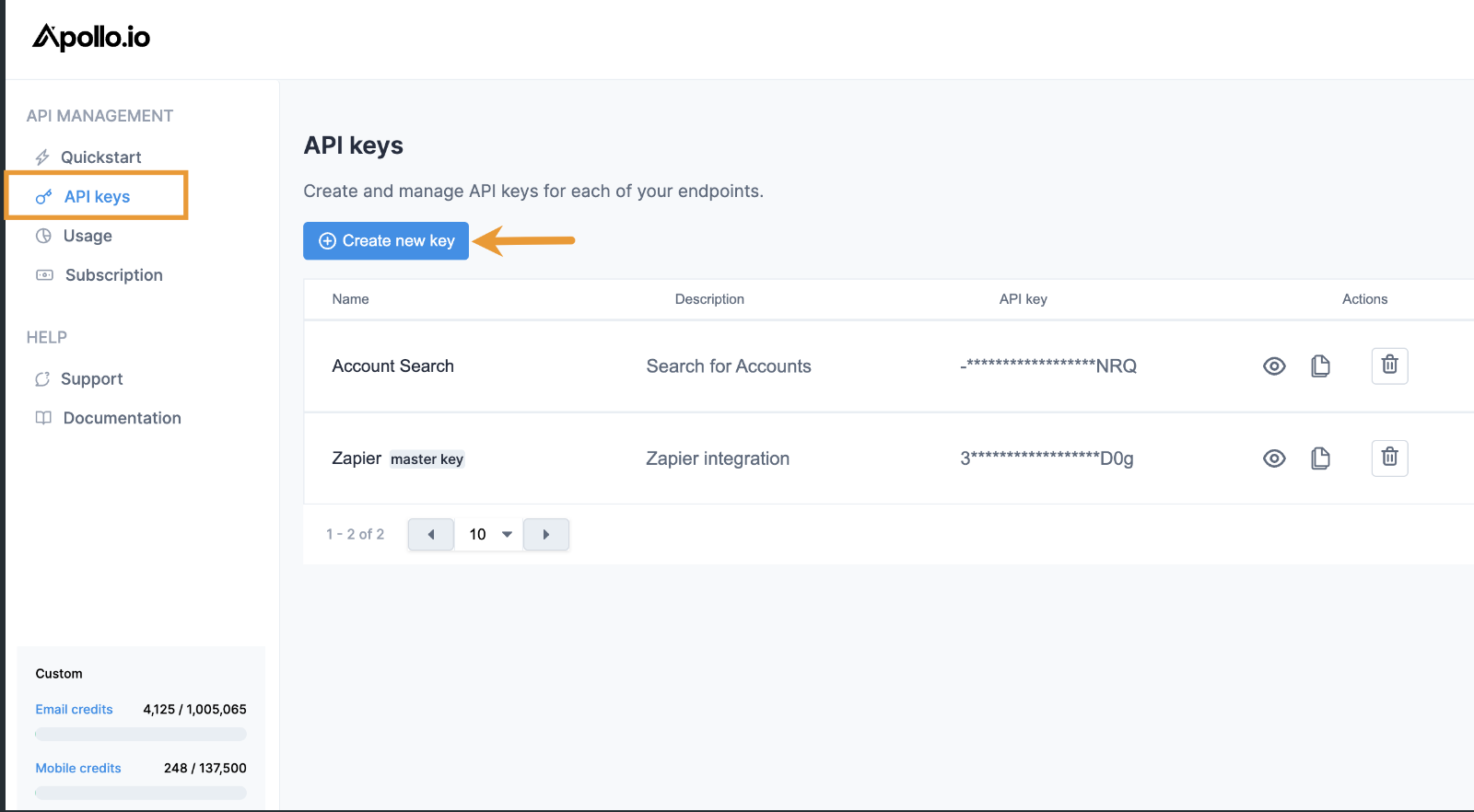 Create new API key