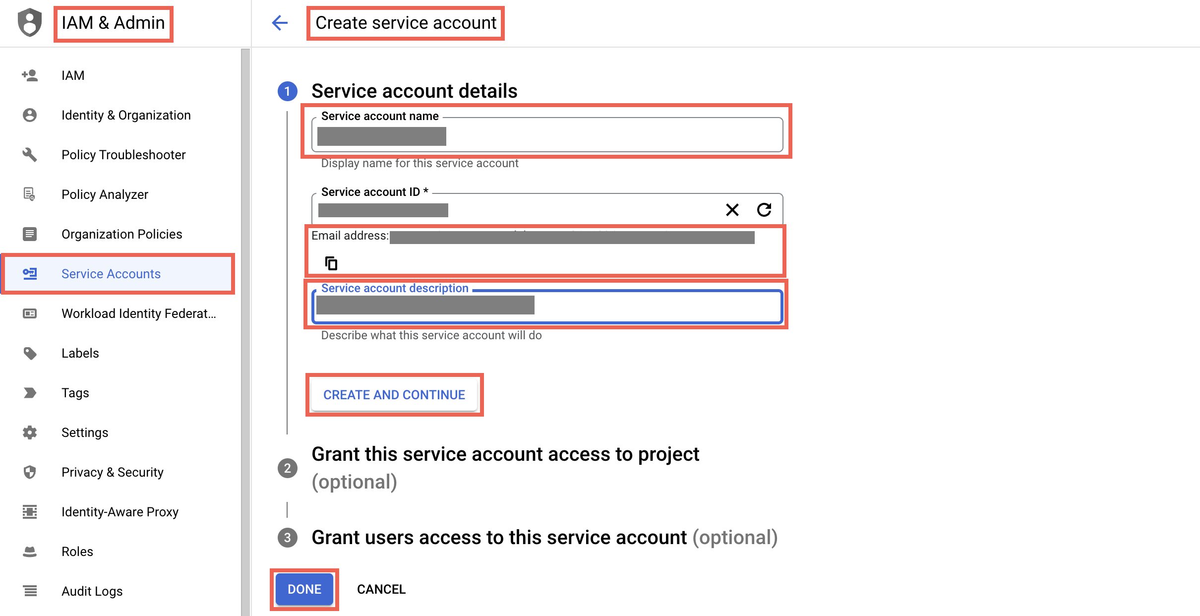 Create service account