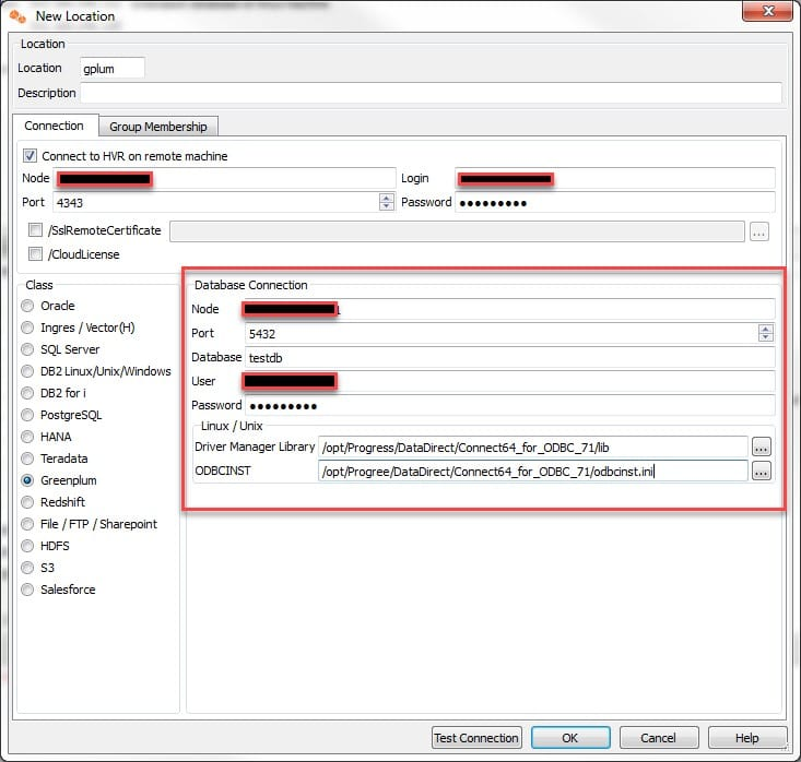 Database connection parameters