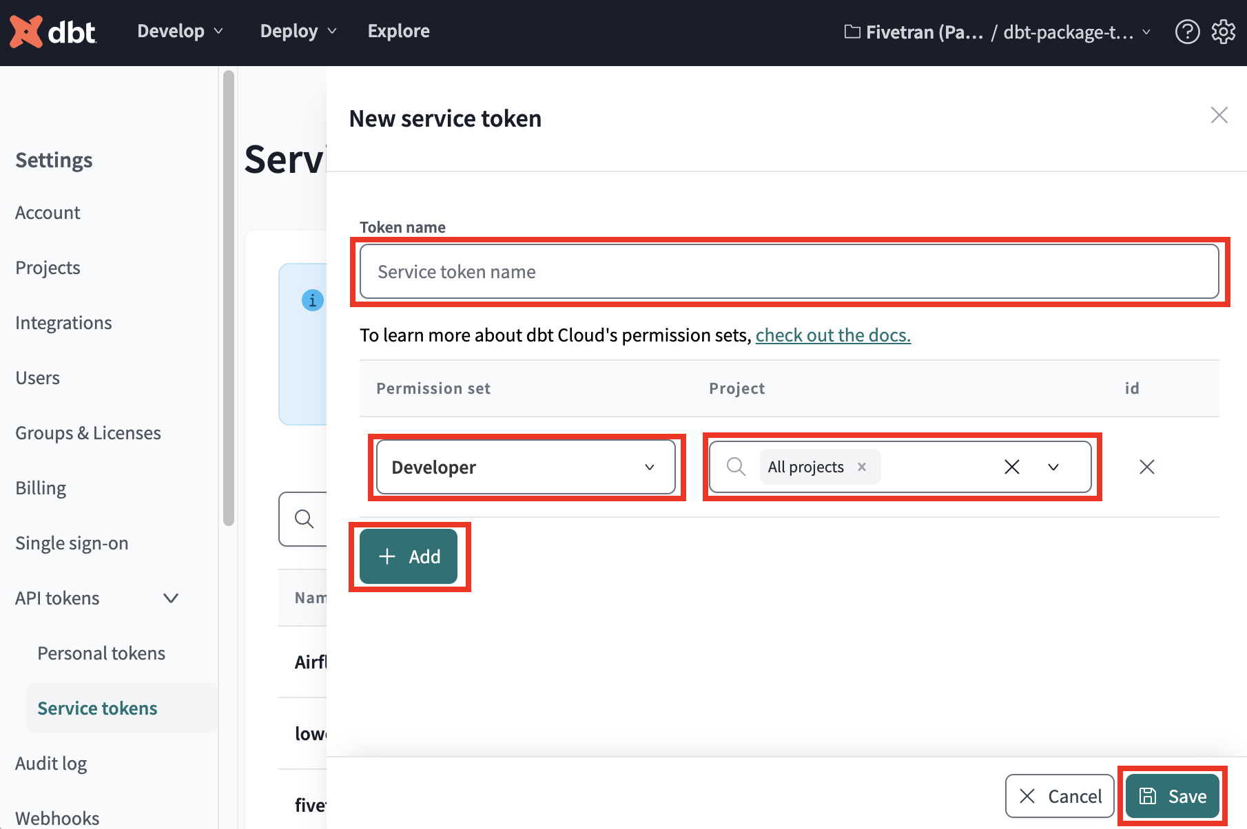 Configure service token permissions