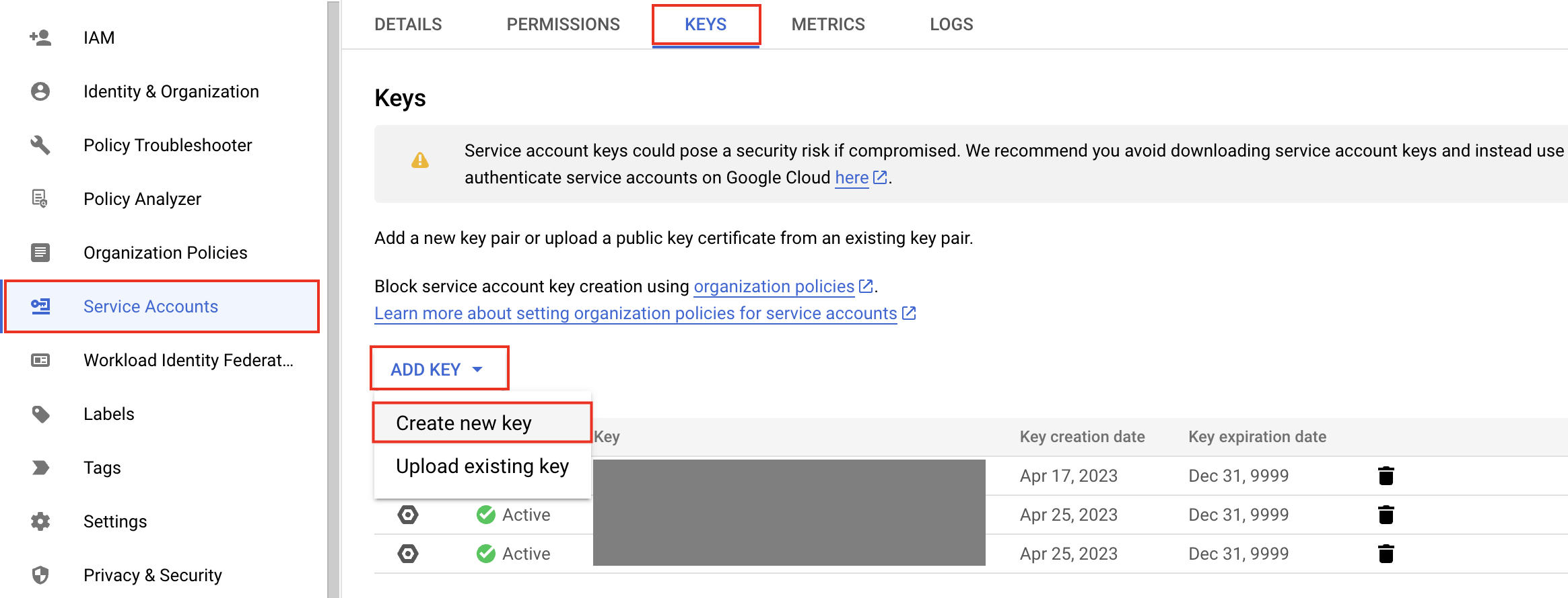 Create service account private key