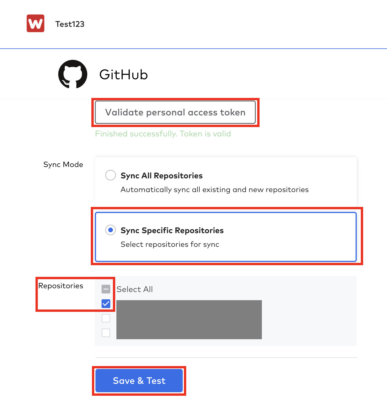 Enter credentials and select Sync Specific Repositories