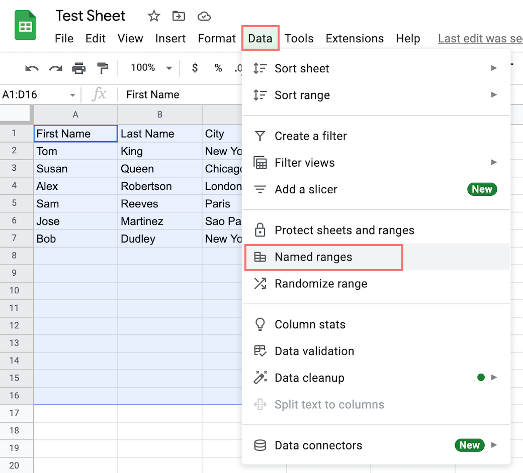 Go to Data > Named ranges...