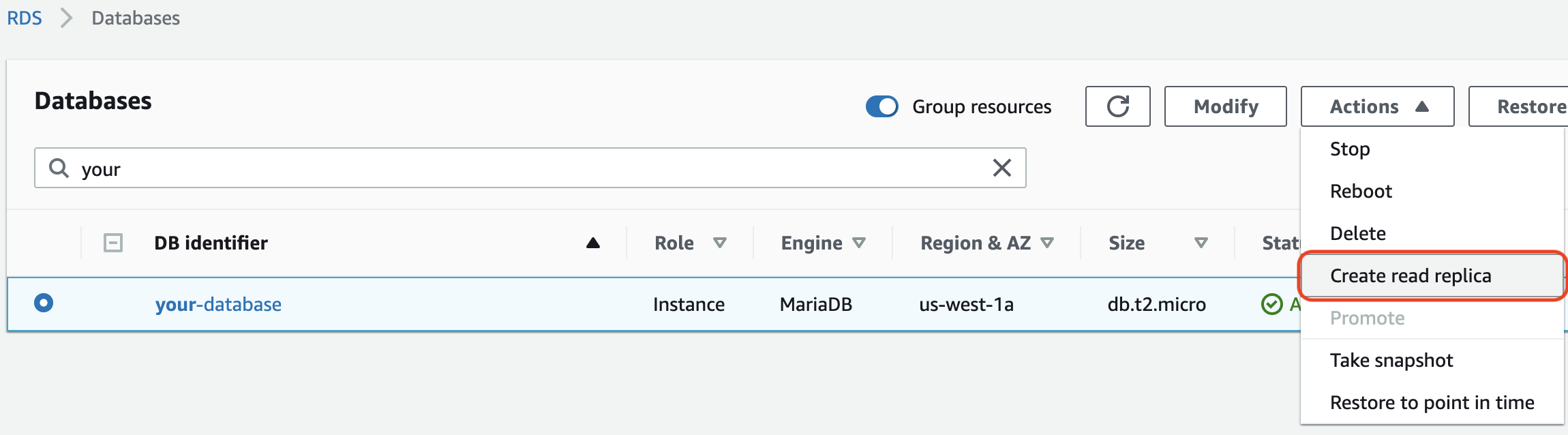 MariaDB-rds-click-instance-actions