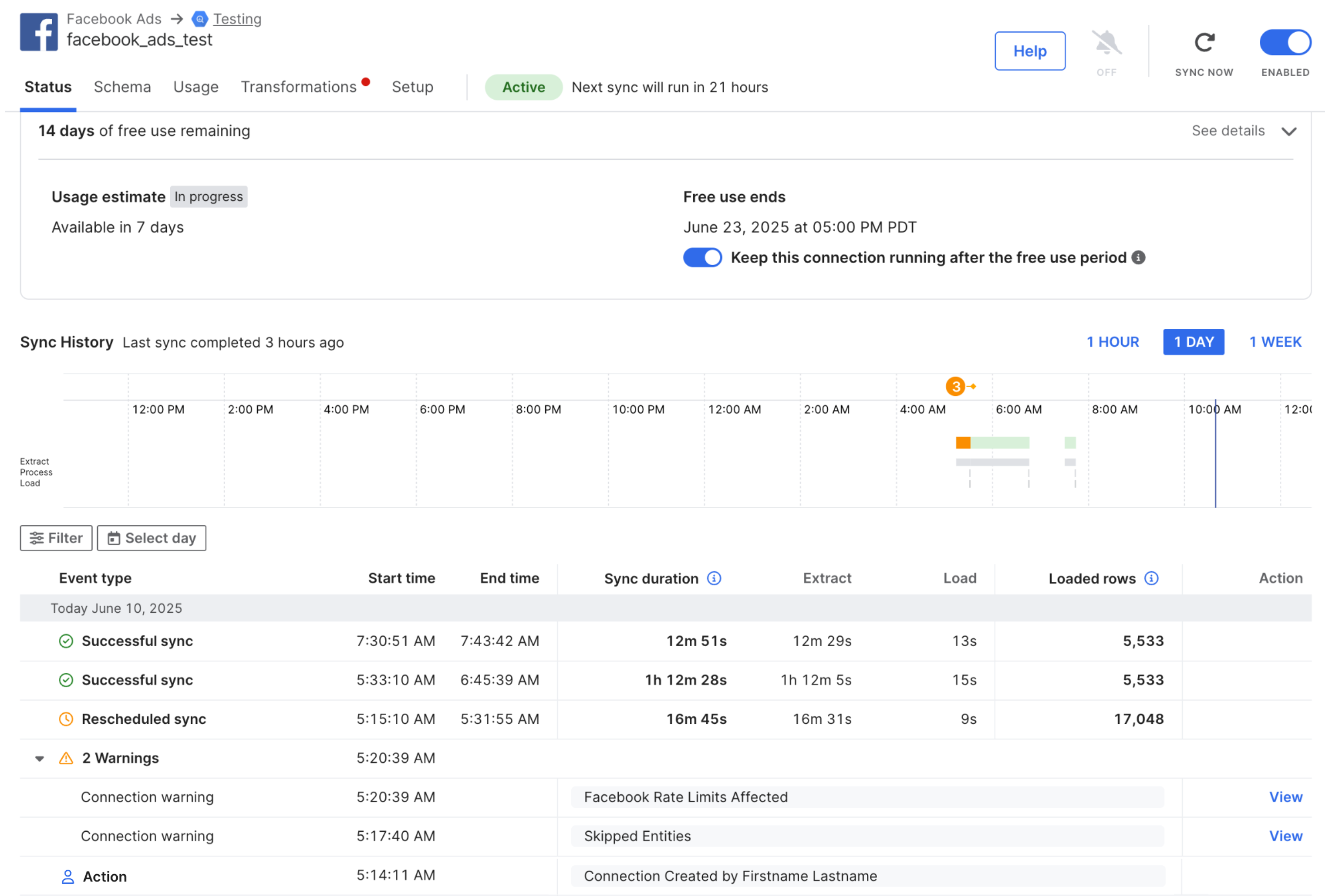New Events list on Connection Status tab showing sync, warning, and action data