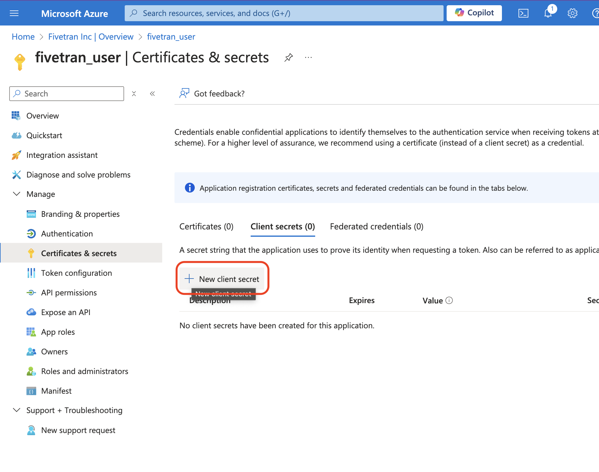 Postgres-azure-create-client-secret-tab