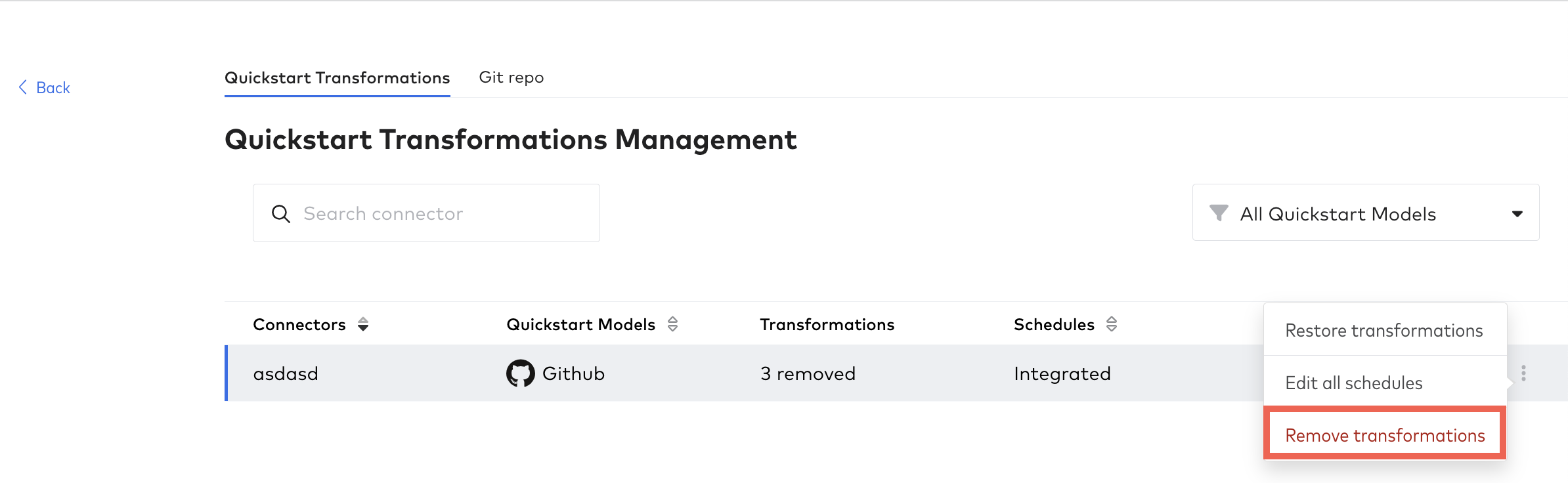 Open right menu on Quickstart data model list