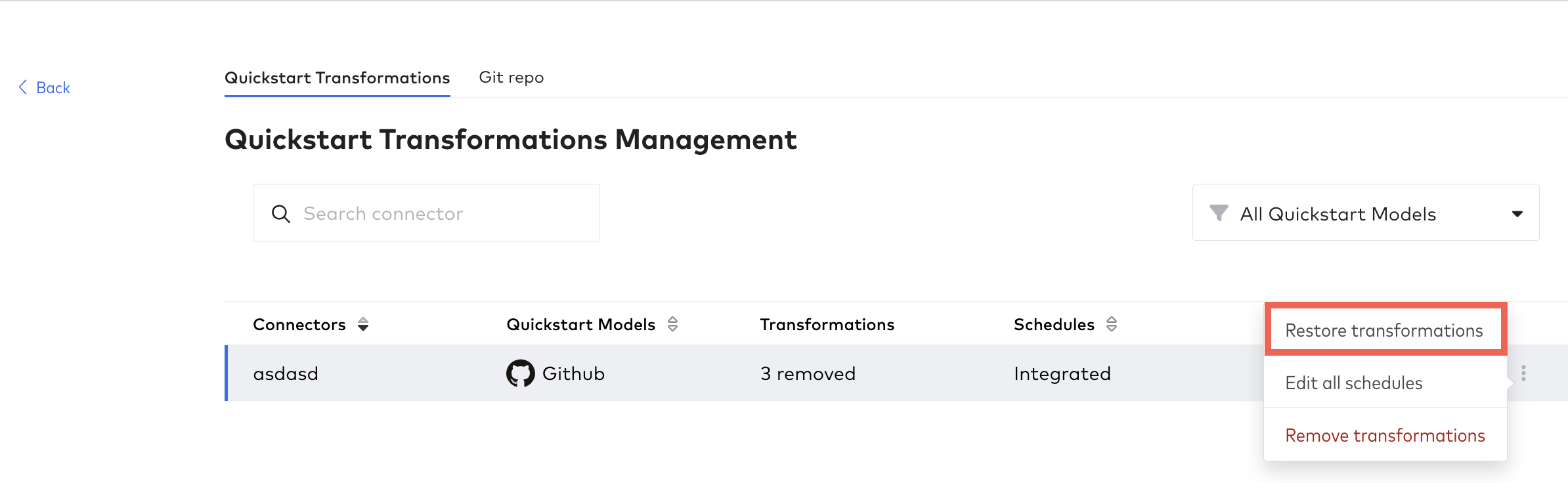 Open right menu on Quickstart Transformations tab