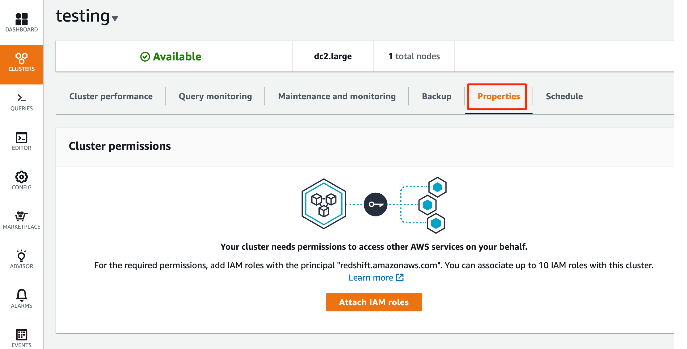 Redshift vpc cluster properties