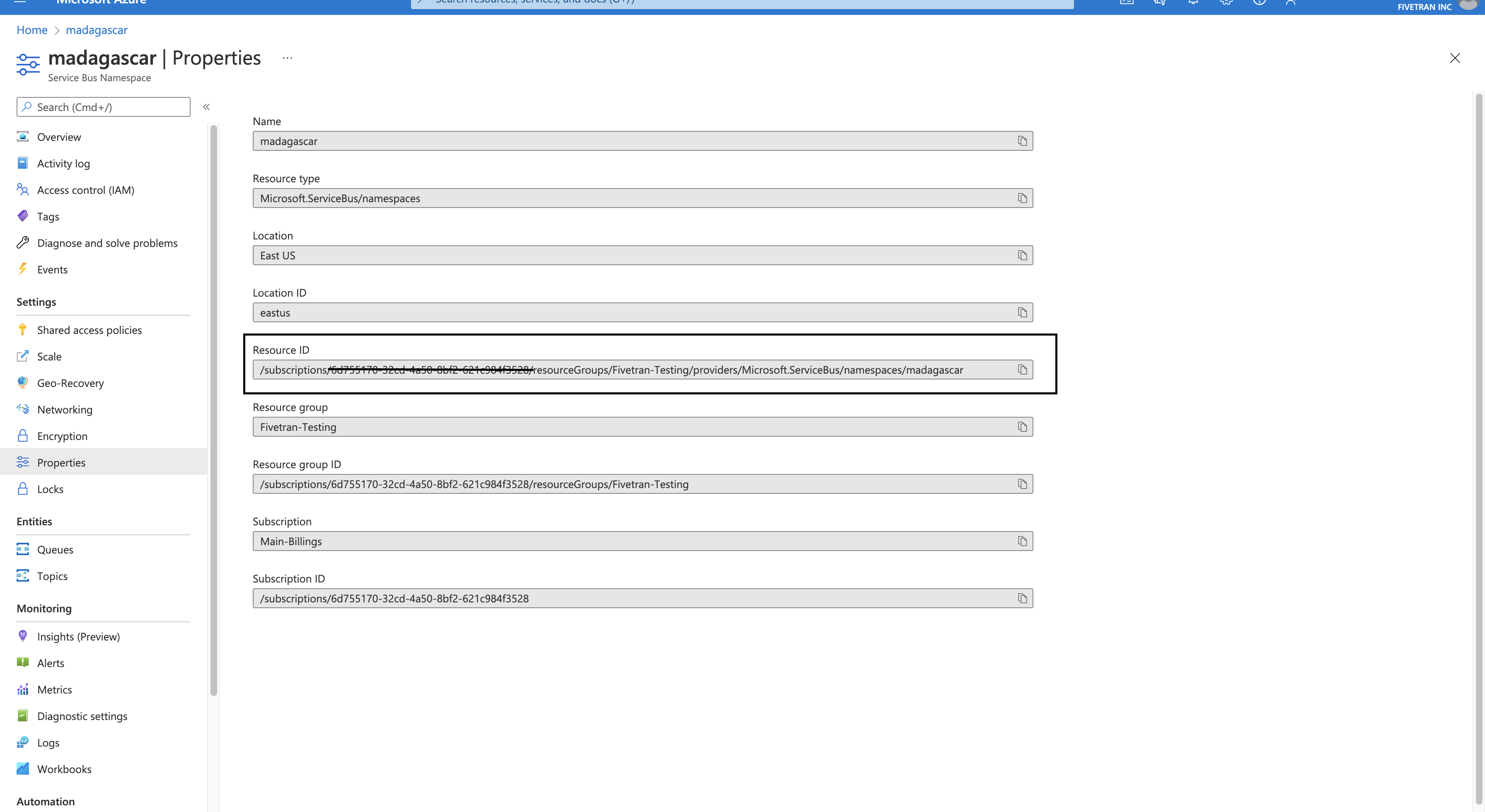 Resource ID Service Bus NameSpace