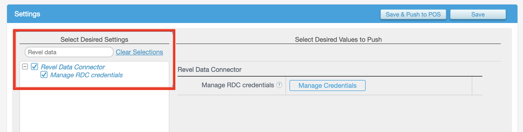 Select the Revel Data Connector settings