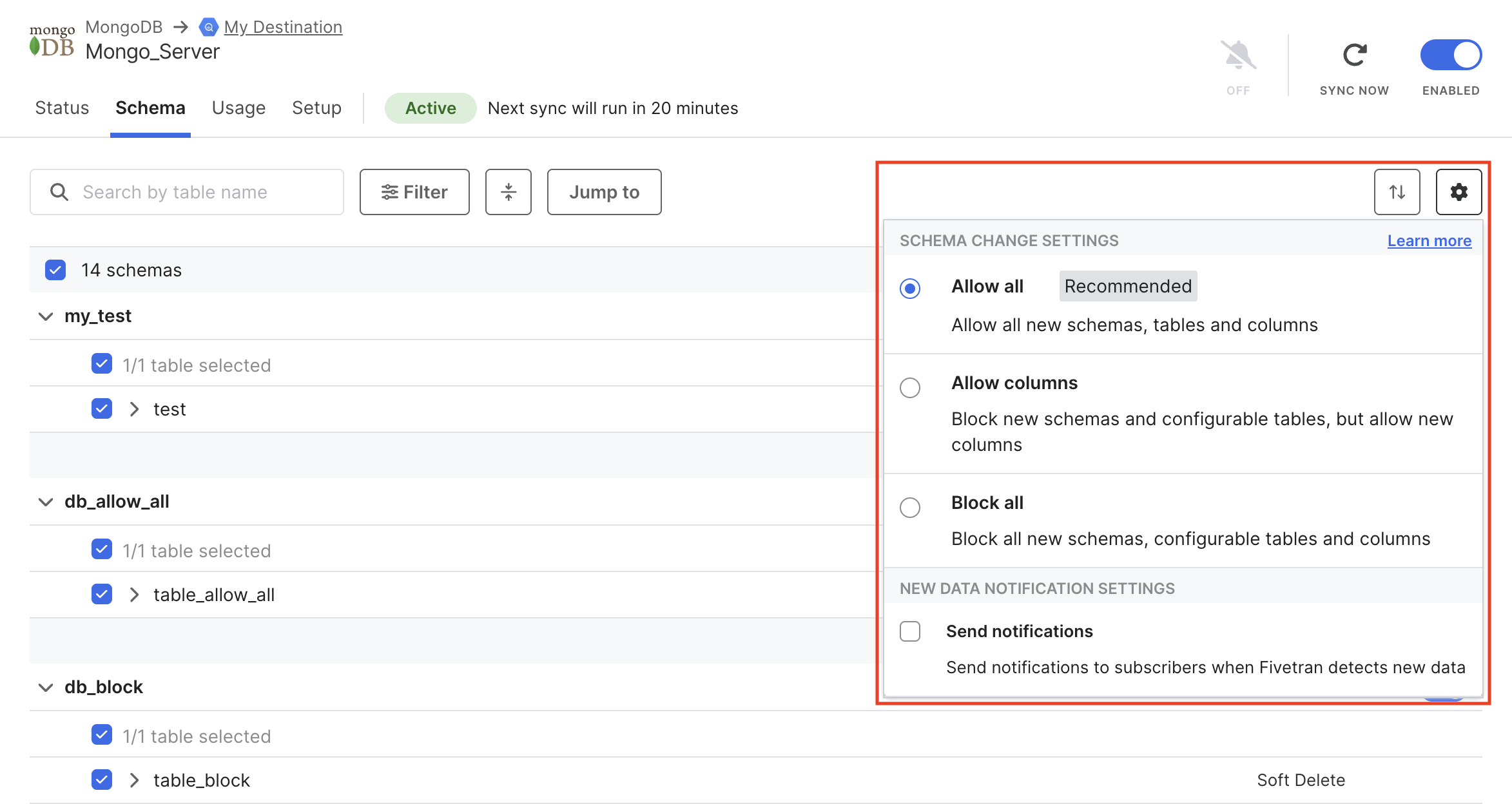 Schema tab change settings