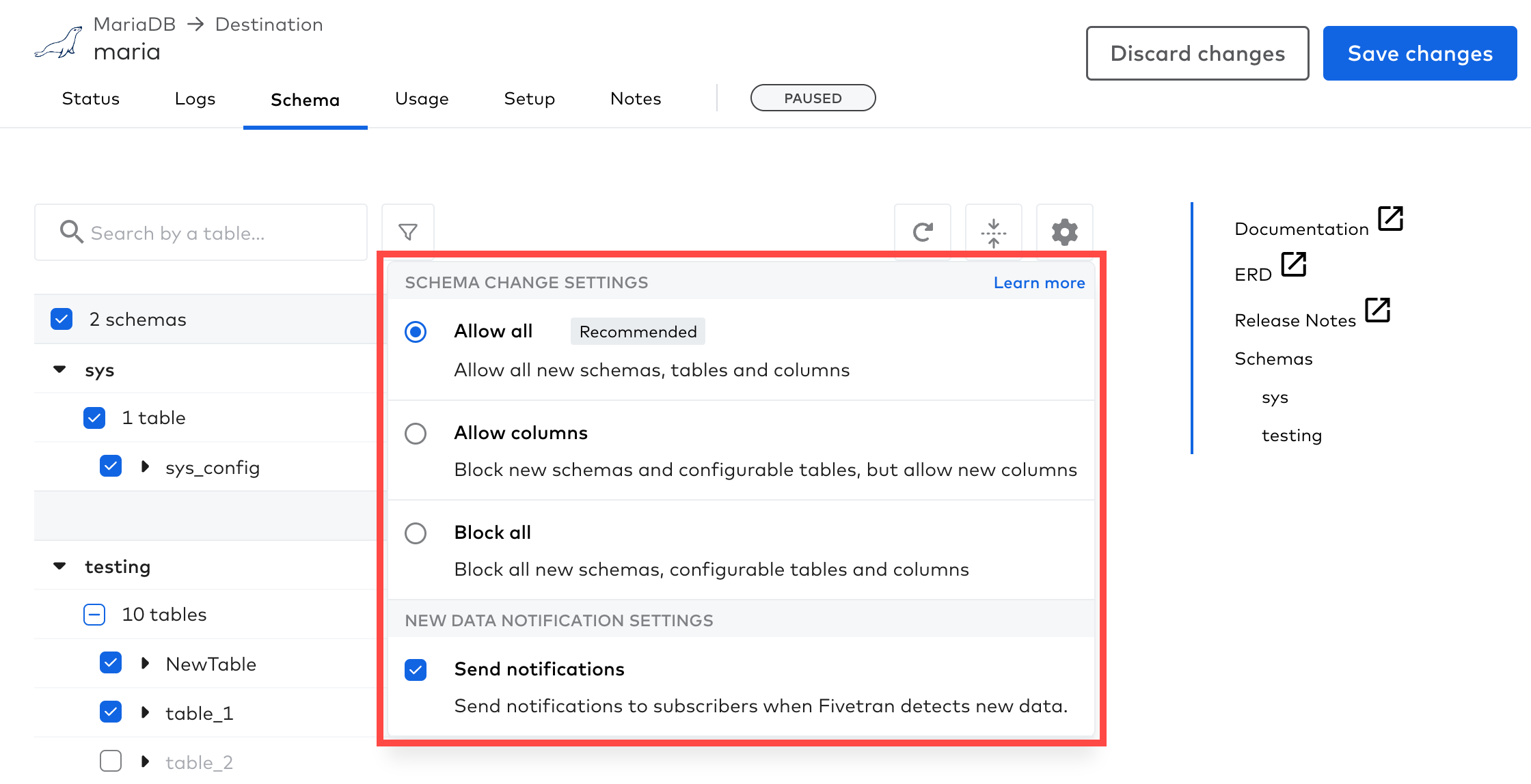 New schema notification settings