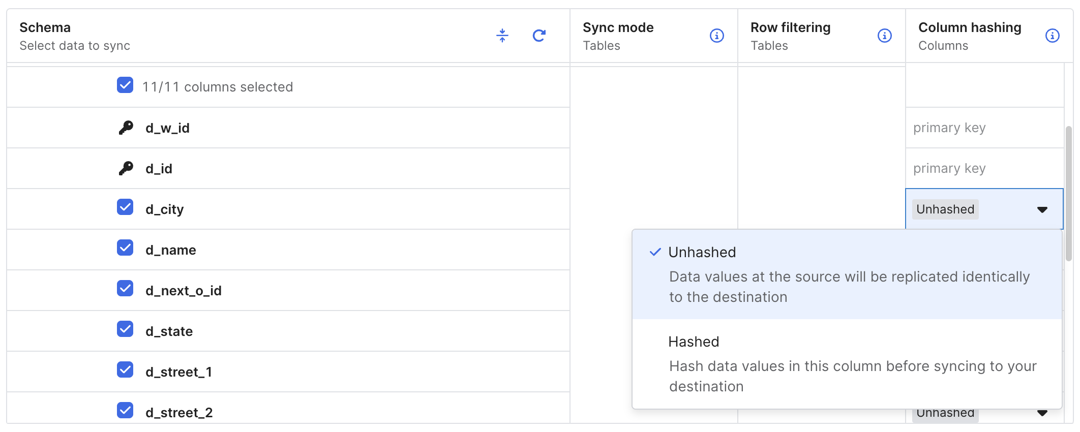 Schema tab hash a column