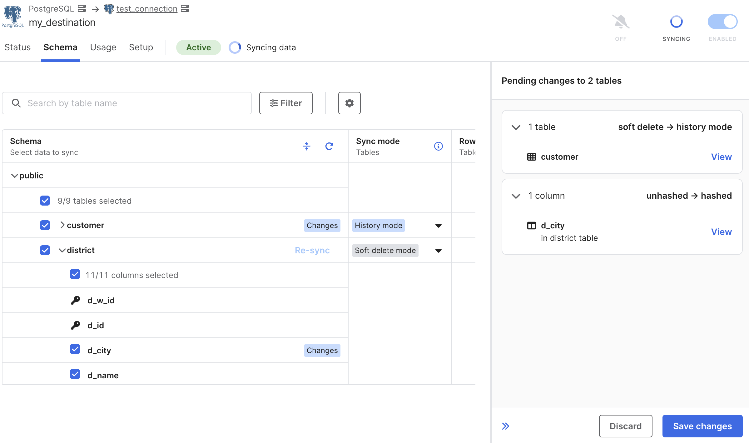 Schema tab review changes