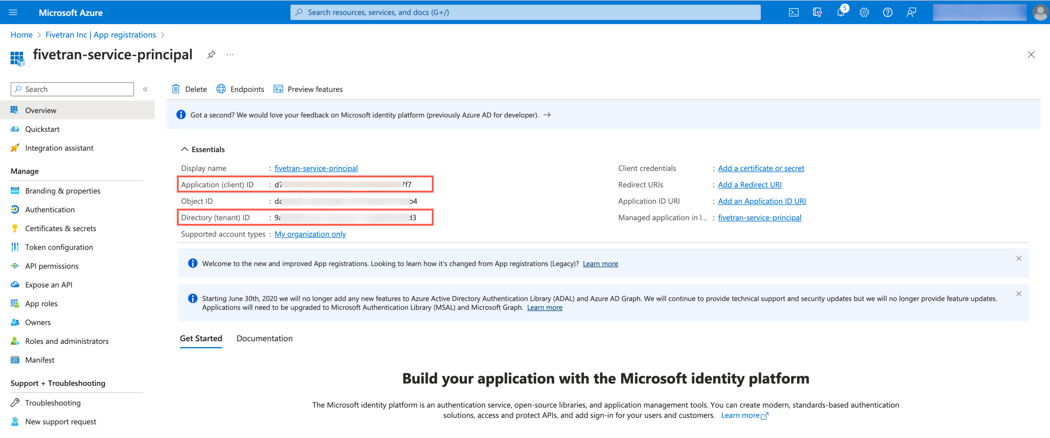 Credentials for service principal