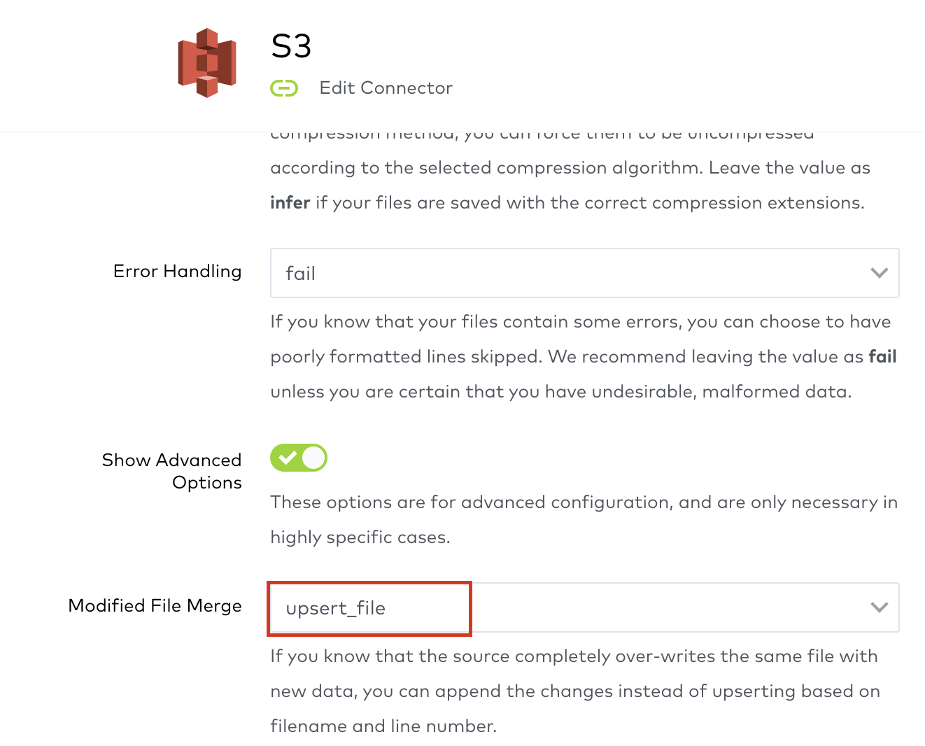 Set the Modified File Merge value to upsert file